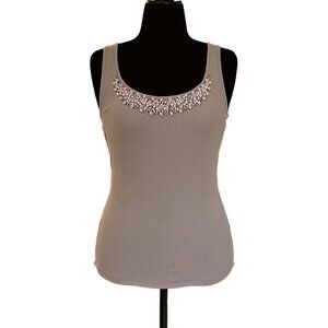 Embellished Rib Knit Cotton Tank Top — Taupe Stone Neutral Scoop Neck Size M